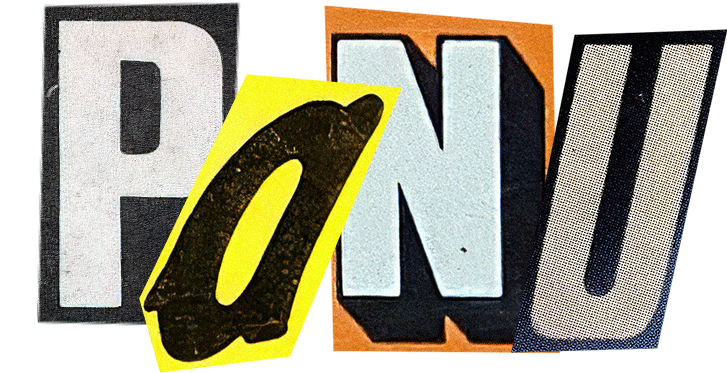 Collage of four cut-out letter tiles spelling P A N U in different colors (gray, yellow, orange, dark).